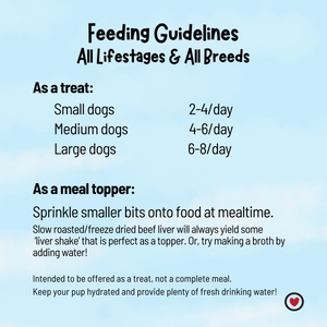 Feeding Guidelines for all lifestages and all breeds. Small dogs 2-4 a day, medium dogs 4-6 a day, large dogs 6-8 a day. Intended to be offered as a treat, not a complete meal. 